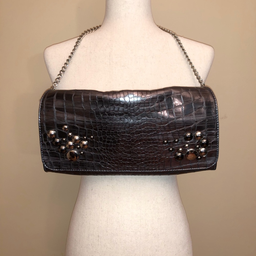 Isabella Fiore Silver Beaded Snakeskin Print Leather Bag/Clutch